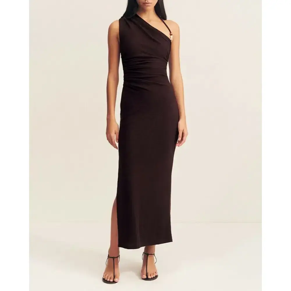 Shona Joy Beau Gathered Asymmetrical Midi Dress Brown Size AU 8 - Image 1