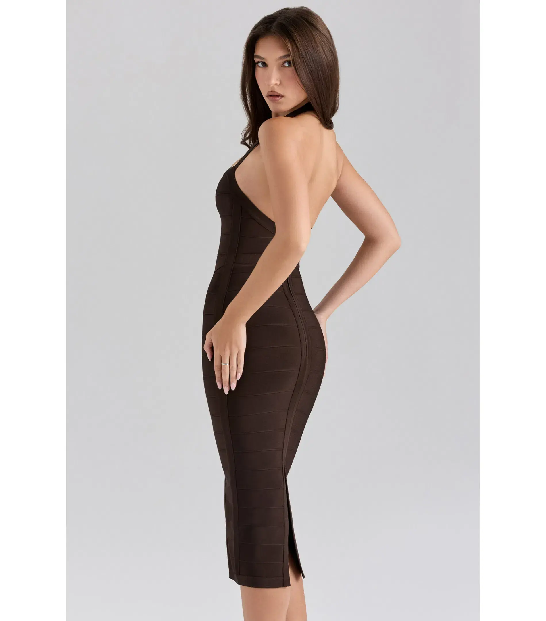 House Of Cb The Supermodel Halter Midi Bandage Dress Chocolat Size L /  AU 14  - Image 4