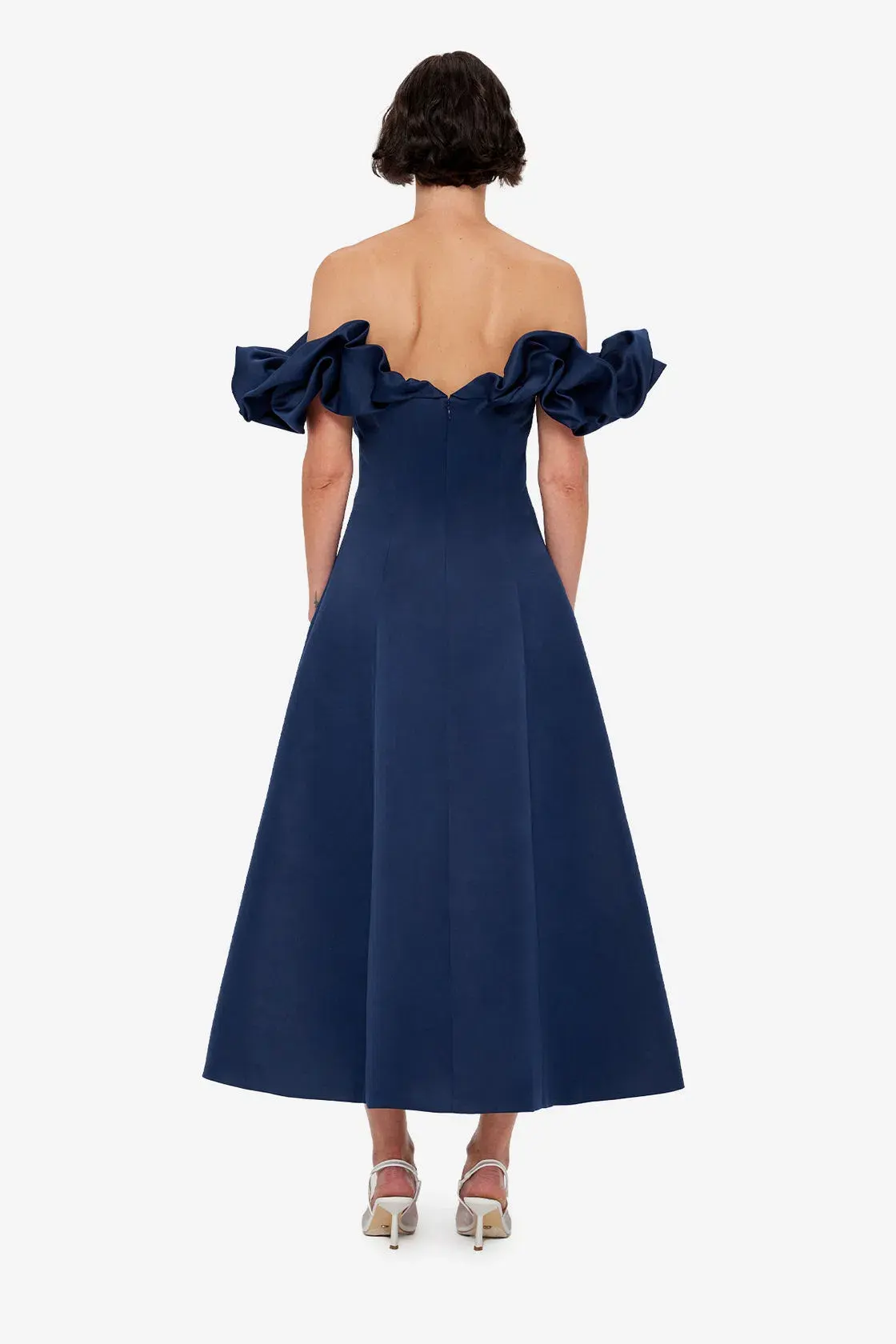 Leo Lin Annie Off Shoulder Frill Midi Dress Size 14 Navy - Image 3