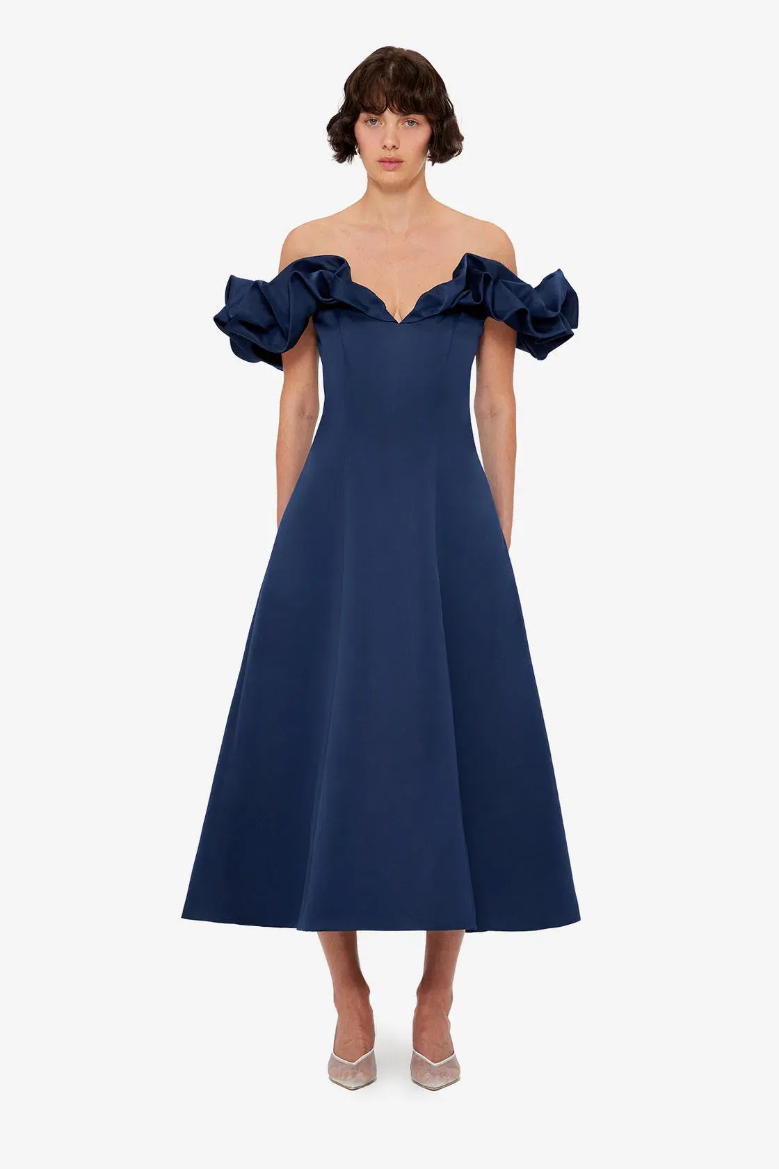 Leo Lin Annie Off Shoulder Frill Midi Dress Size 14 Navy - Image 2