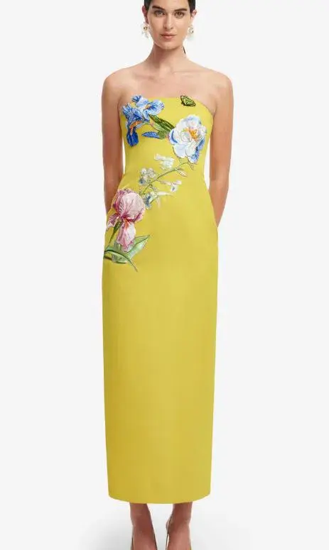 Leo Lin Rayna Applique Floral Bustier Midi Dress in Mustard Size 8 - Image 2