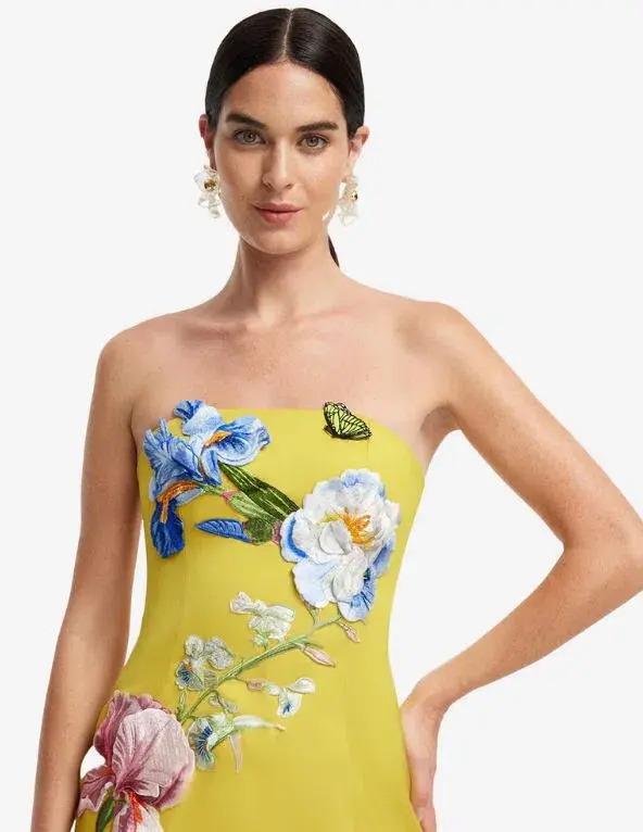 Leo Lin Rayna Applique Floral Bustier Midi Dress in Mustard Size 8 for rent on The Volte - main image