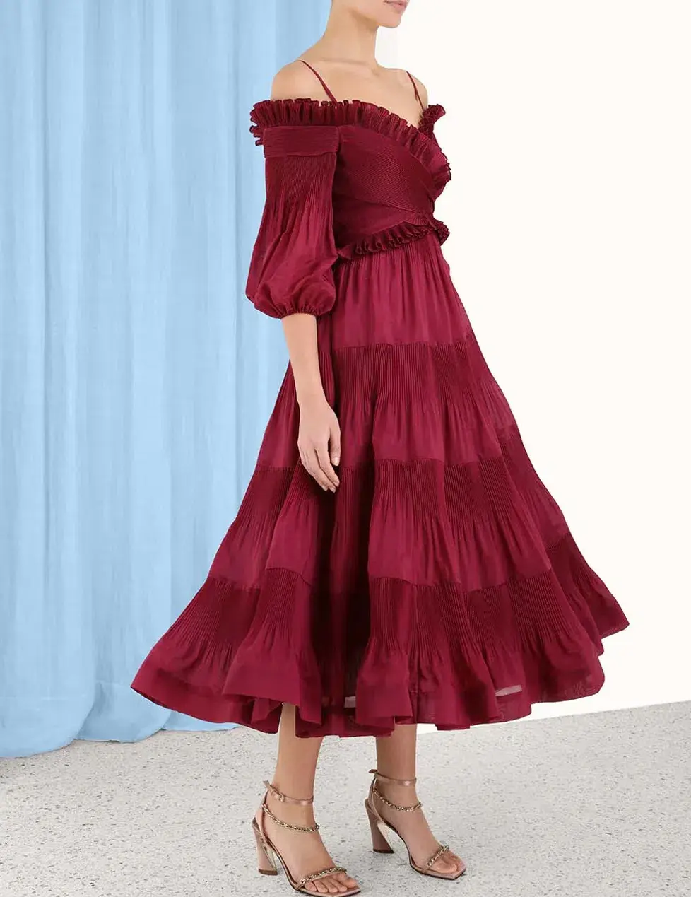 Zimmerman Pleated Off Shoulder Midi Dress Berry Size 1/AU 10 - Image 2