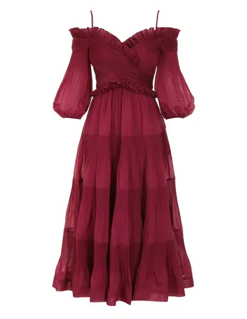 Zimmerman Pleated Off Shoulder Midi Dress Berry Size 1/AU 10 - Image 6