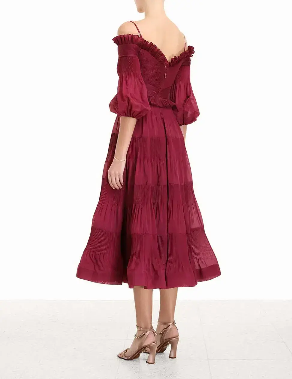 Zimmerman Pleated Off Shoulder Midi Dress Berry Size 1/AU 10 - Image 3