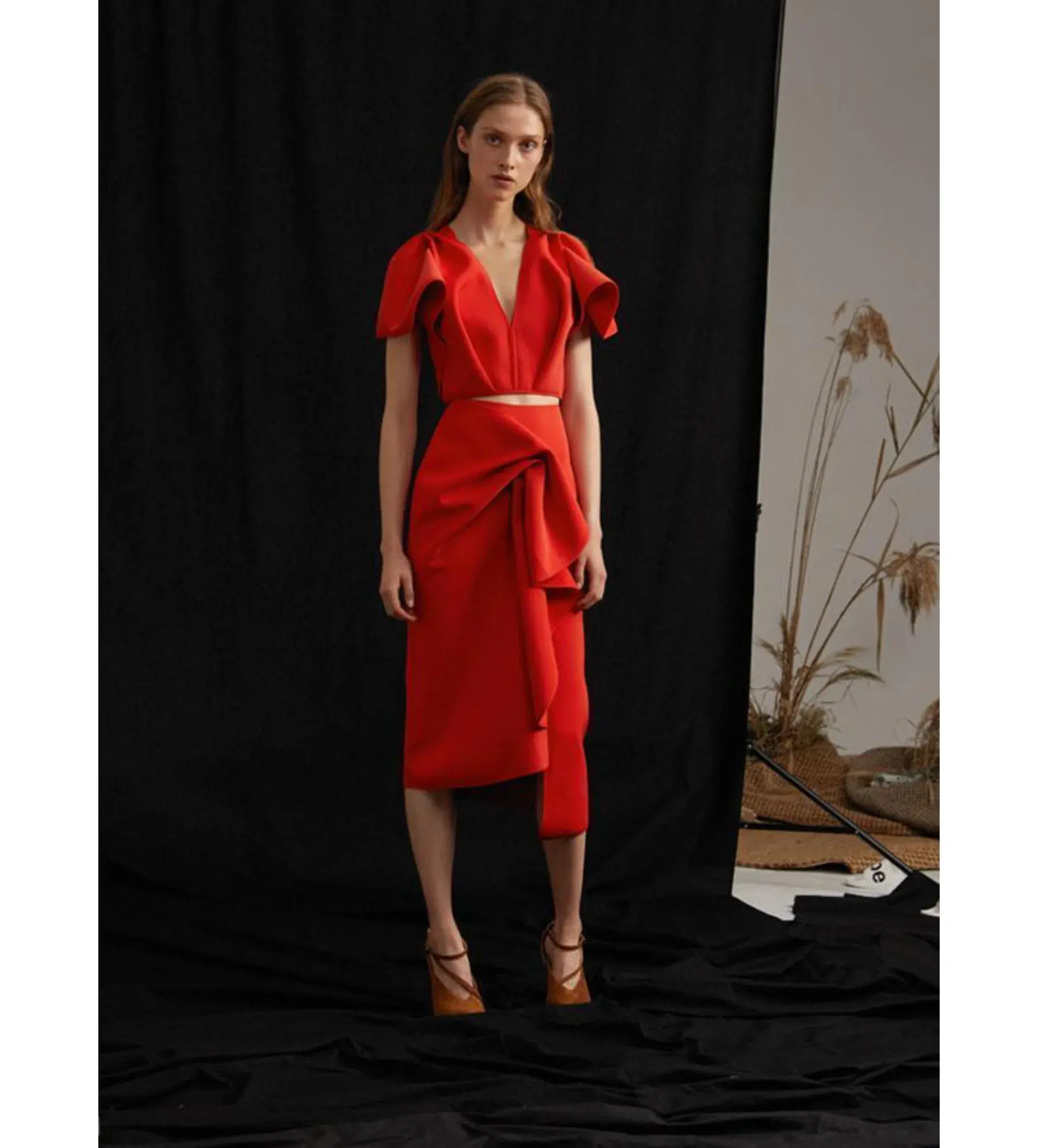 Acler Crawford Top and Ruffle Midi Skirt Set Tangerine Red Size AU 8 - Image 2