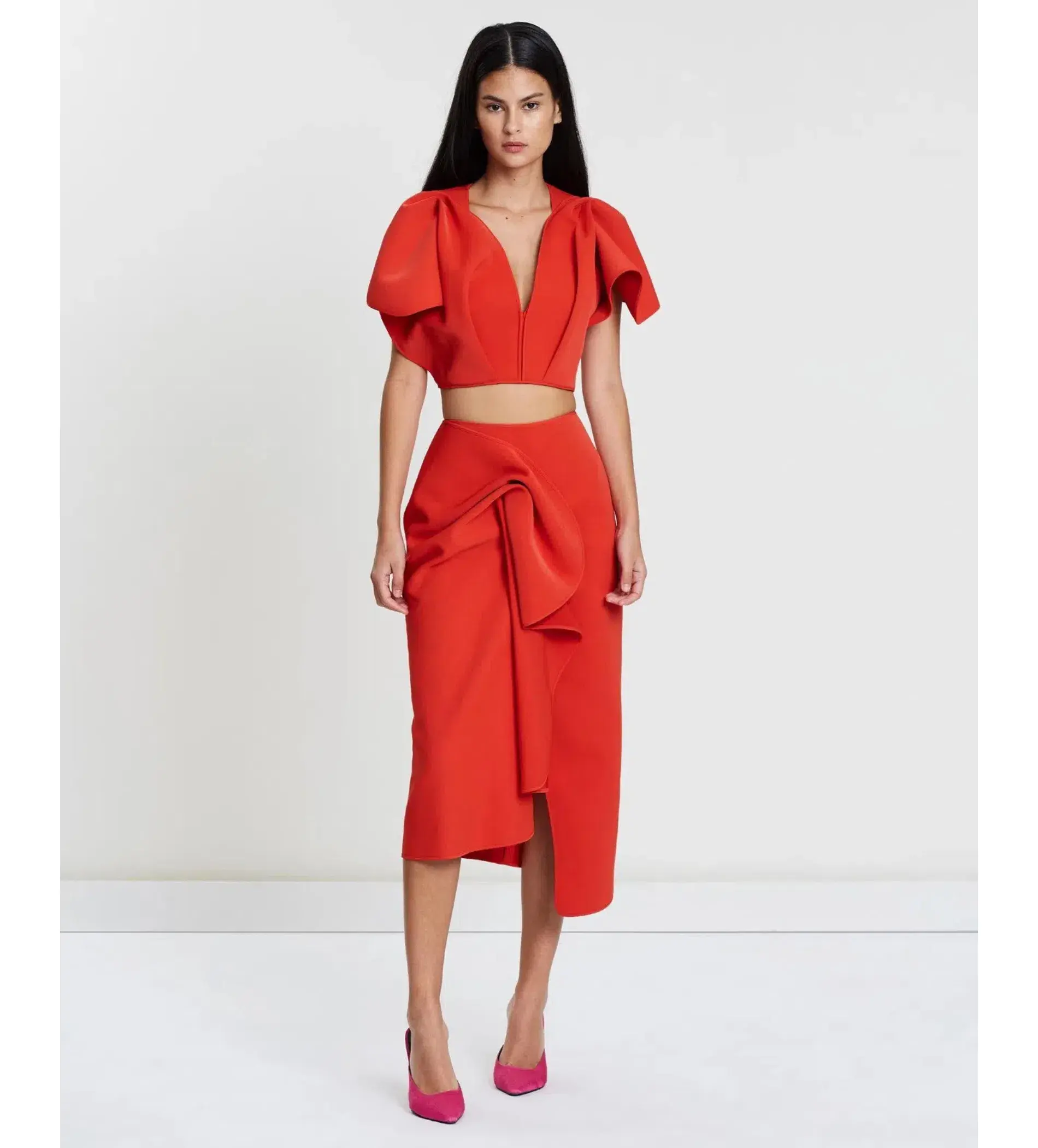 Acler Crawford Top and Ruffle Midi Skirt Set Tangerine Red Size AU 8 - Image 1