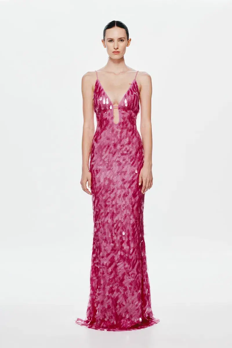 MISHA Sapphire Sequin Maxi Dress Fuchsia Size 8/S for rent on The Volte - main image