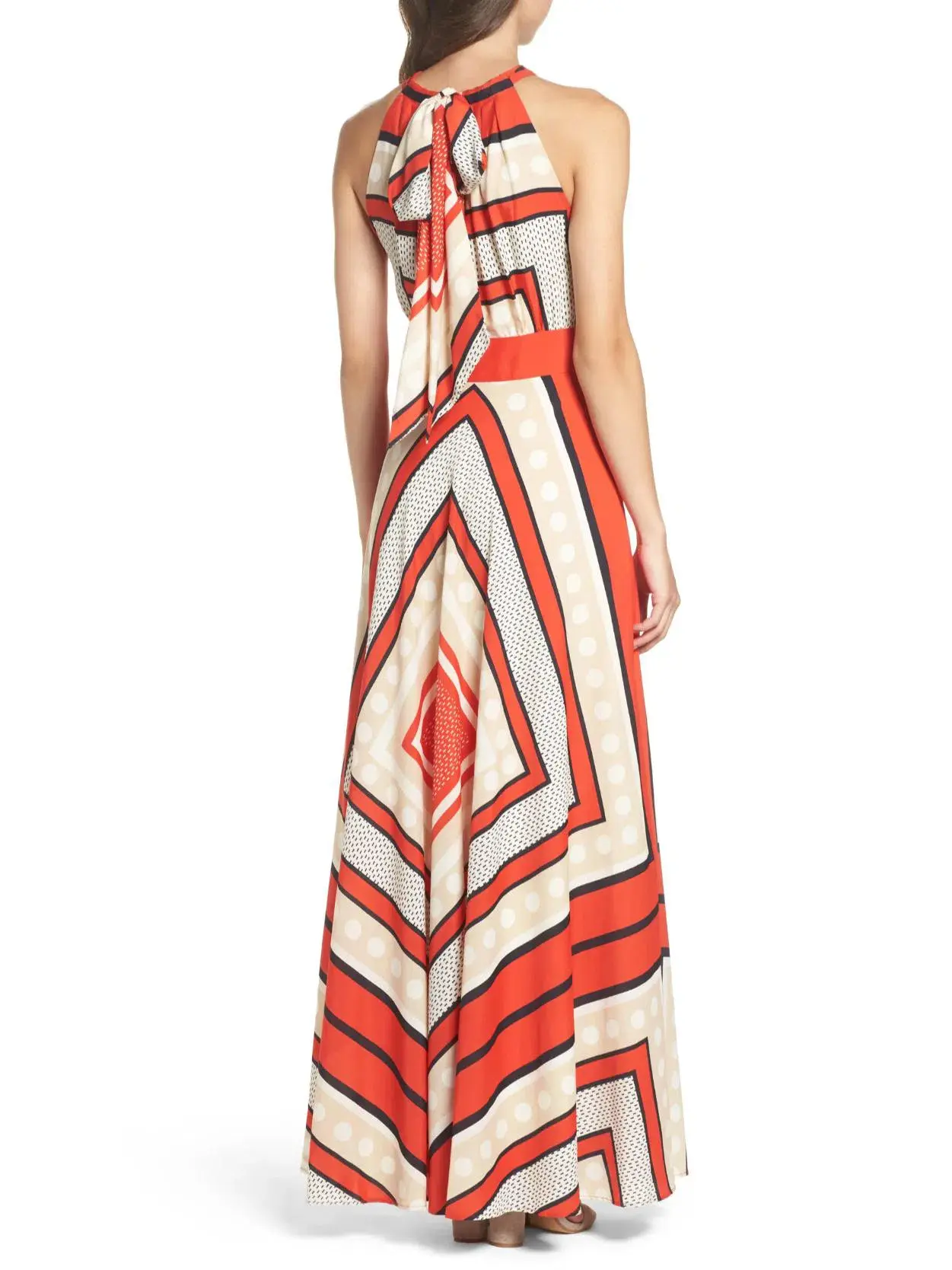 Scarf Print Crêpe de Chine Fit & Flare Maxi Dress Orange Print Size AU 16 - Image 2