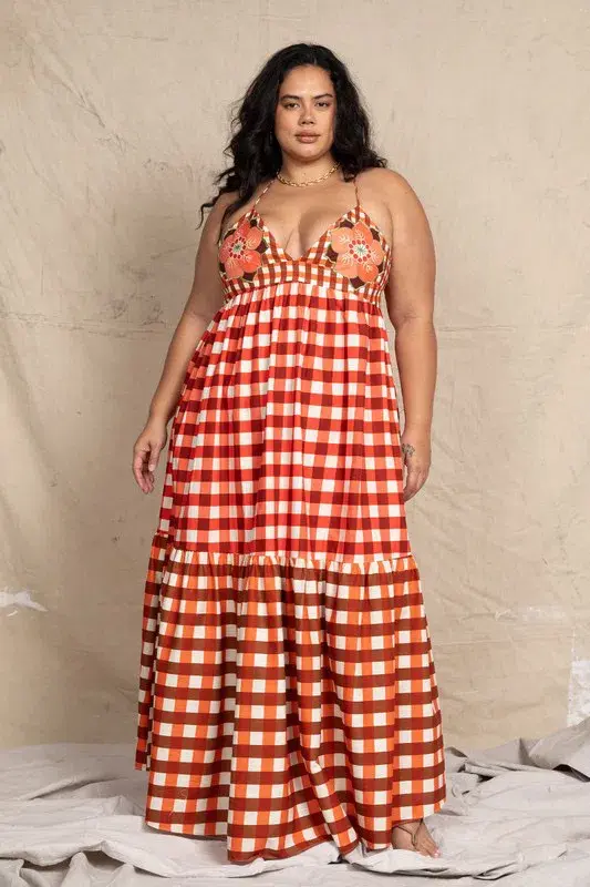 Bohemian Traders Gingham Embroidery Dress In Ruby Cream / Size 12 - Image 5