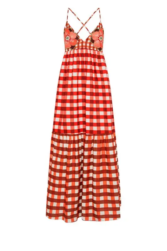 Bohemian Traders Gingham Embroidery Dress In Ruby Cream / Size 12 - Image 6