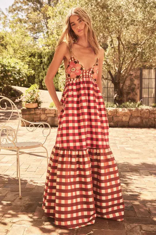 Bohemian Traders Gingham Embroidery Dress In Ruby Cream / Size 12 - Image 1