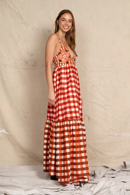 Bohemian Traders Gingham Embroidery Dress In Ruby Cream / Size 12 - Image 3