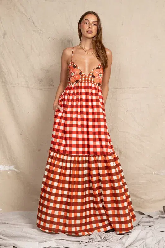 Bohemian Traders Gingham Embroidery Dress In Ruby Cream / Size 12 - Image 2