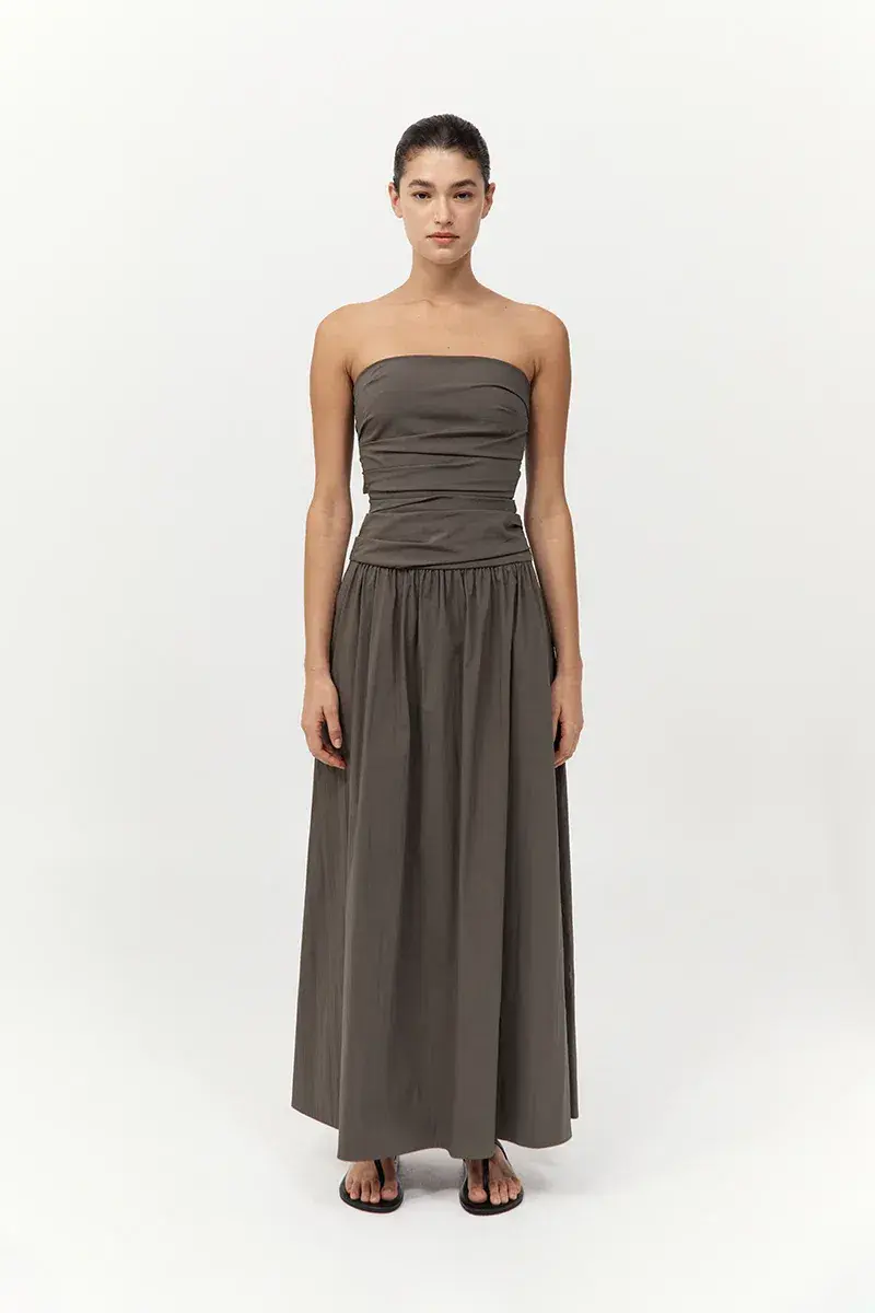 St. Agni Gathered Strapless Tie Back Maxi Dress in Khaki Size S/AU 8 - Image 1