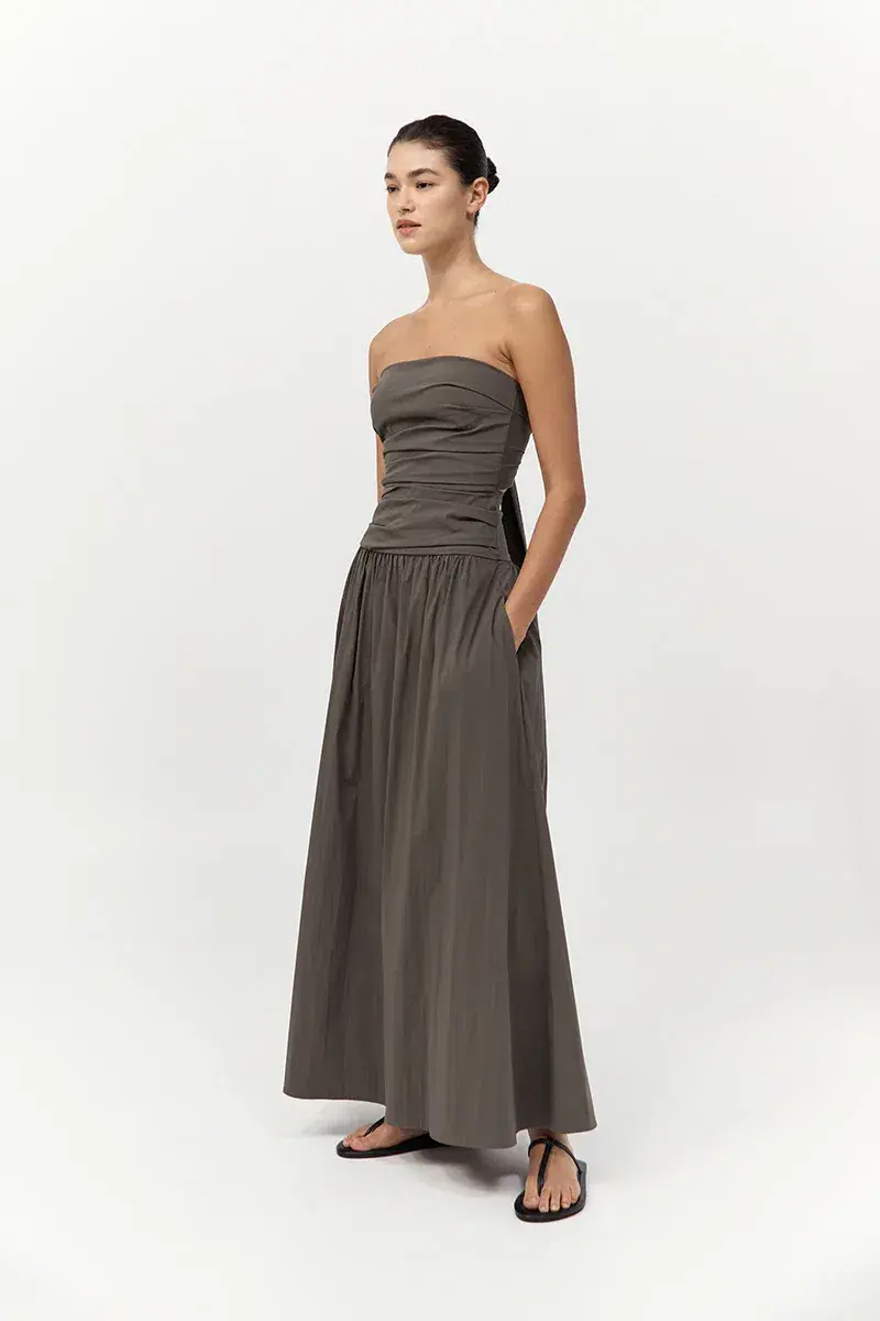 St. Agni Gathered Strapless Tie Back Maxi Dress in Khaki Size S/AU 8 - Image 3