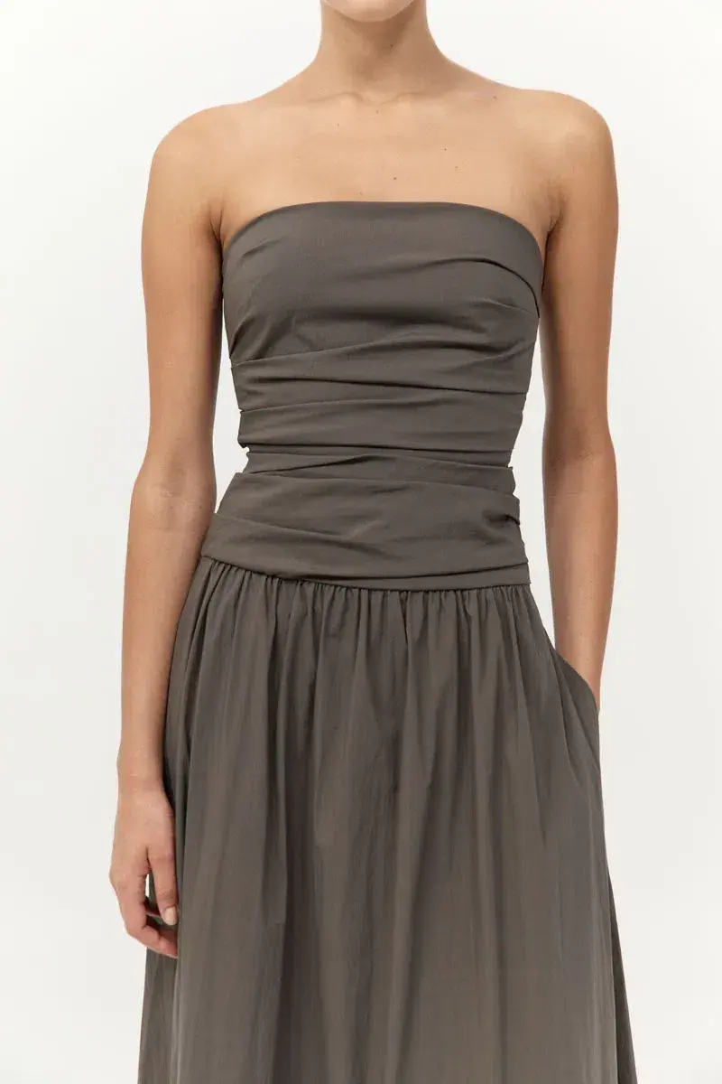 St. Agni Gathered Strapless Tie Back Maxi Dress in Khaki Size S/AU 8 - Image 2