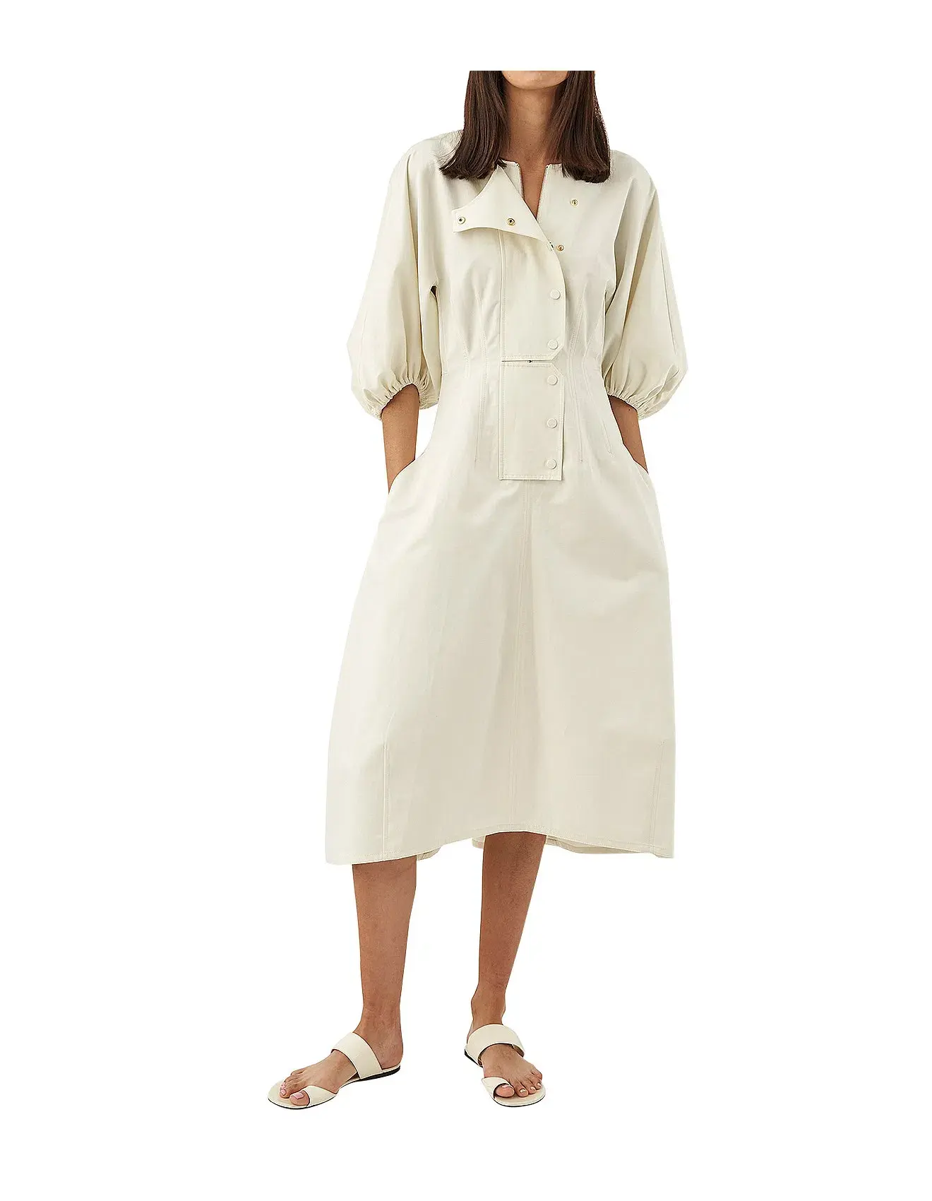 Oroton Sculptured Sleeve Midi Dress in Egg Shell Cream Size 8 - Image 1