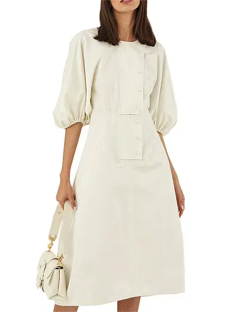 Oroton Sculptured Sleeve Midi Dress in Egg Shell Cream Size 8 - Image 2