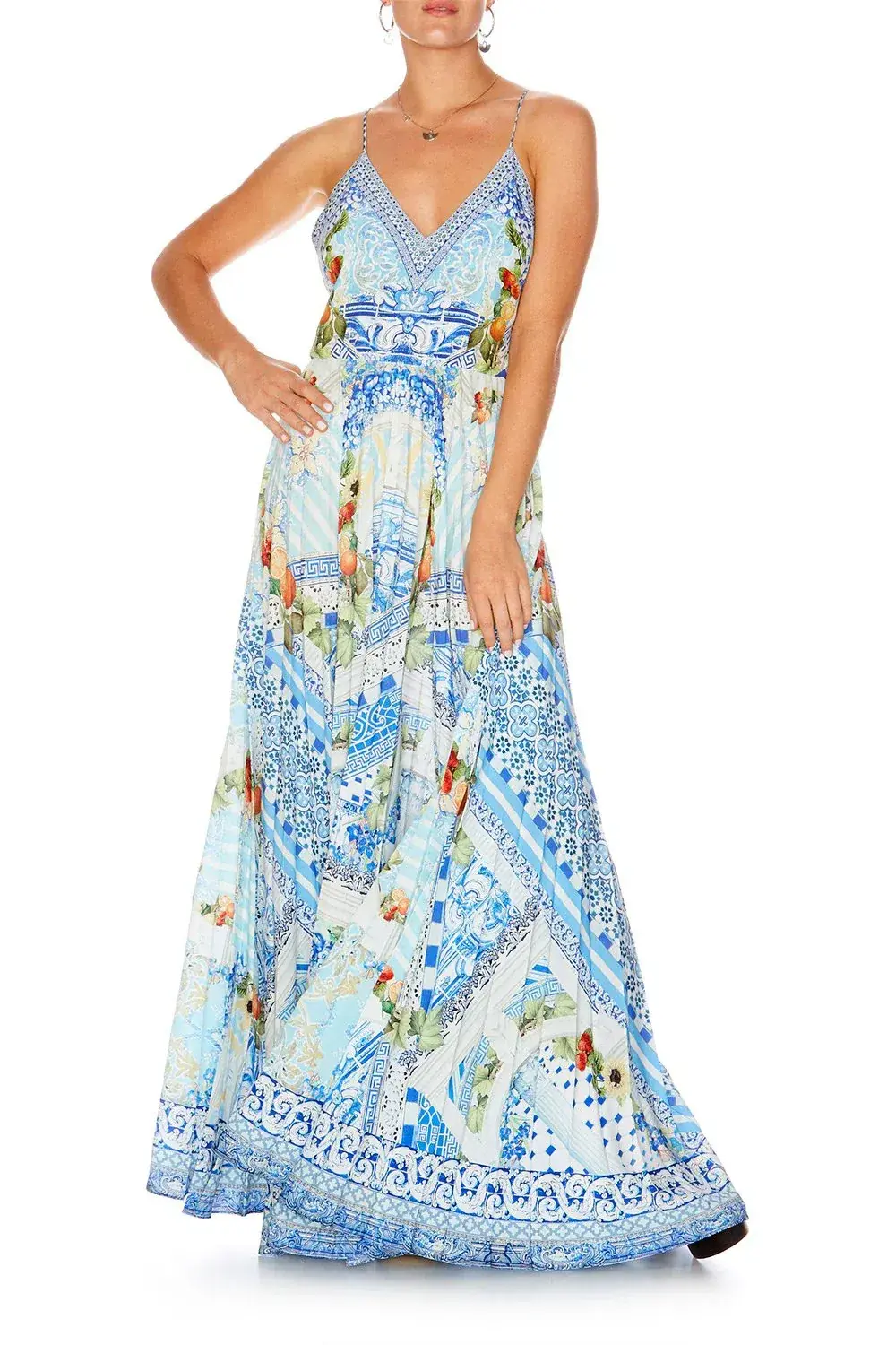 Camilla A Night To Remember Crystal Embellished Printed Blue Silk Maxi Dress Size M / AU 12 - Image 6