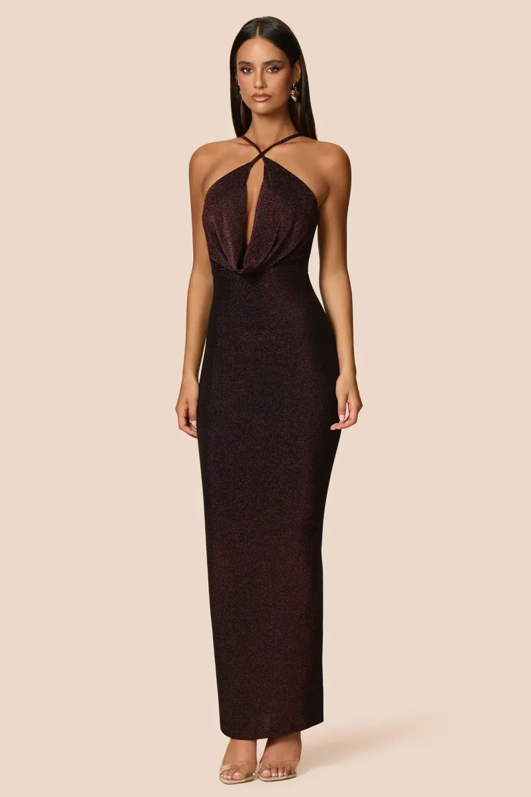 Love Nookie Bianca 2way Halter Maxi Gown Cocoa  Size 12 for rent on The Volte - main image