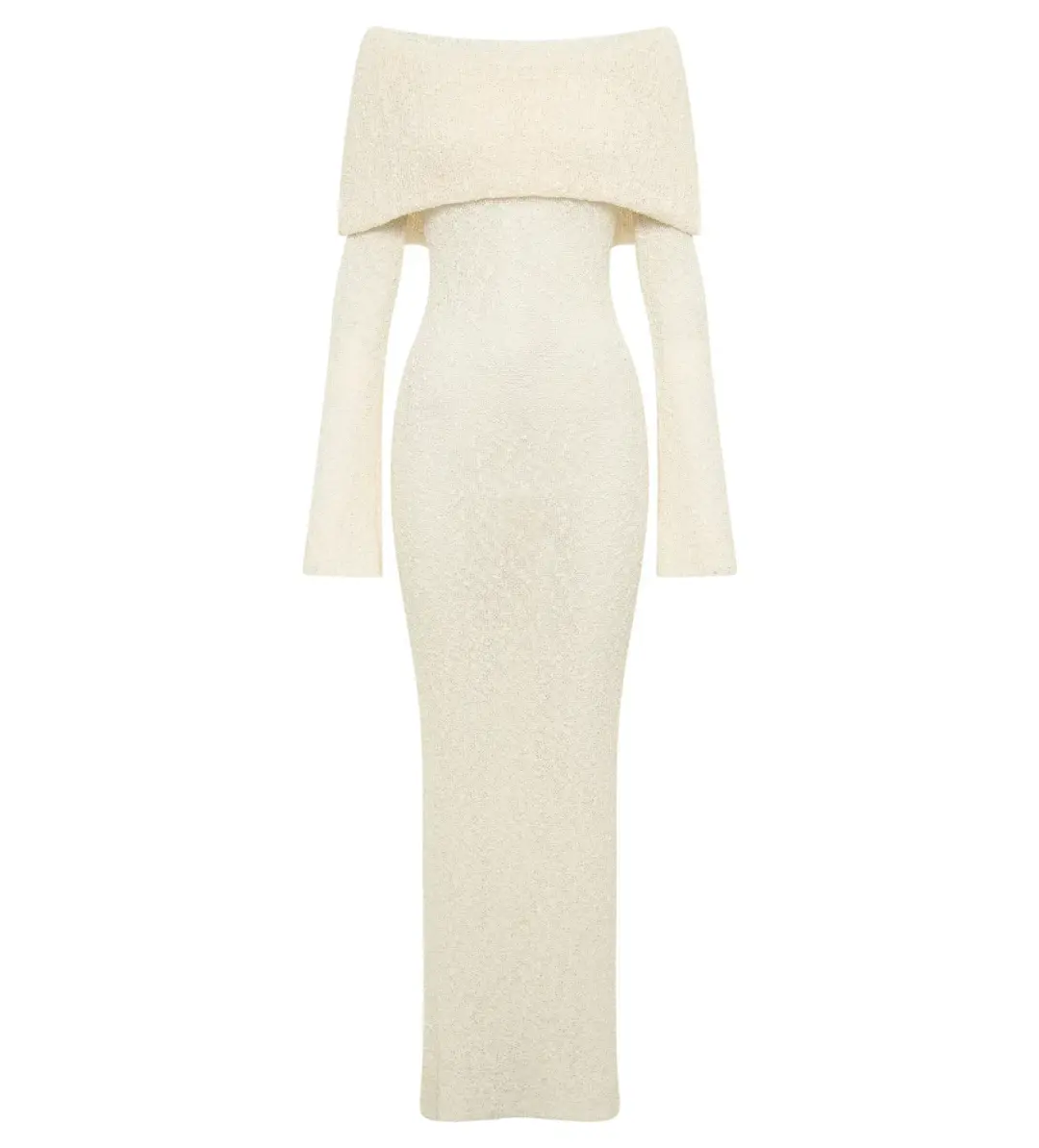 MESHKI Marisol Off Shoulder Boucle Maxi Dress Ivory Size M AU 10 for rent on The Volte - main image