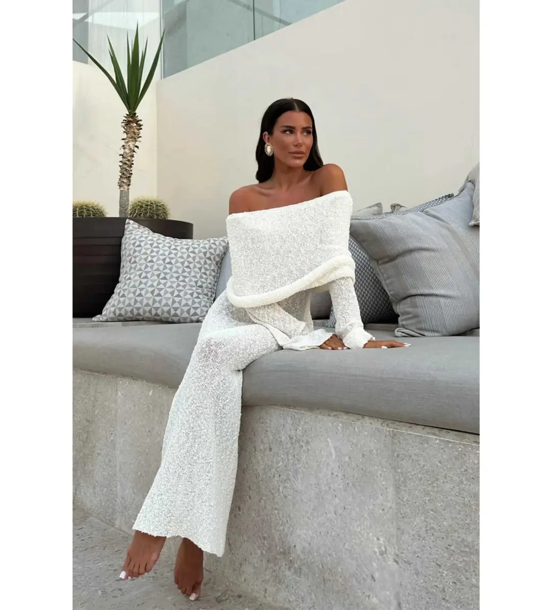 MESHKI Marisol Off Shoulder Boucle Maxi Dress Ivory Size M AU 10 for rent on The Volte - main image