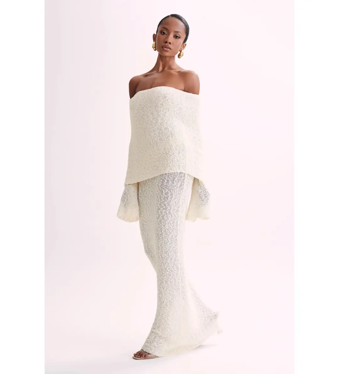 MESHKI Marisol Off Shoulder Boucle Maxi Dress Ivory Size M AU 10 for rent on The Volte - main image