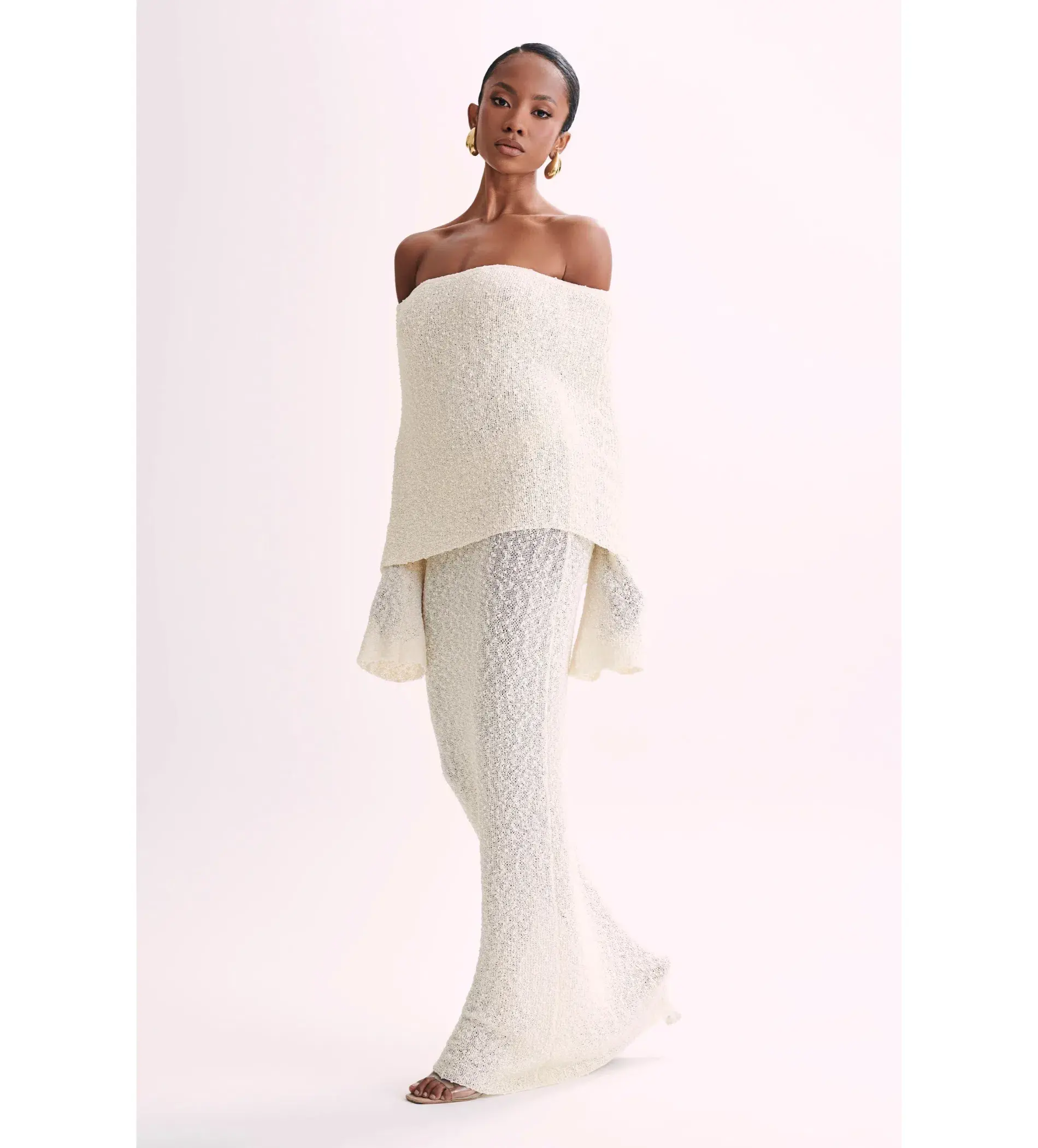 MESHKI Marisol Off Shoulder Boucle Maxi Dress Ivory Size M AU 10 - Image 4