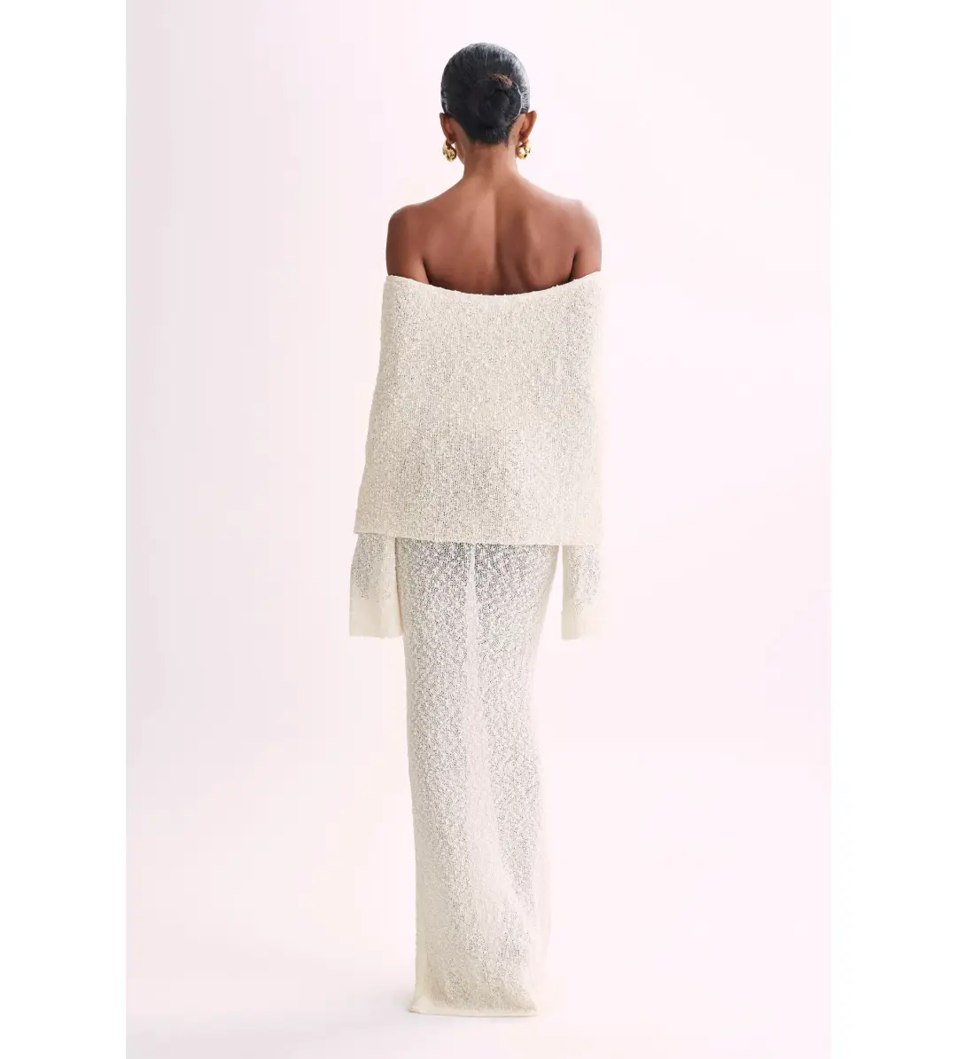 MESHKI Marisol Off Shoulder Boucle Maxi Dress Ivory Size M AU 10 for rent on The Volte - main image