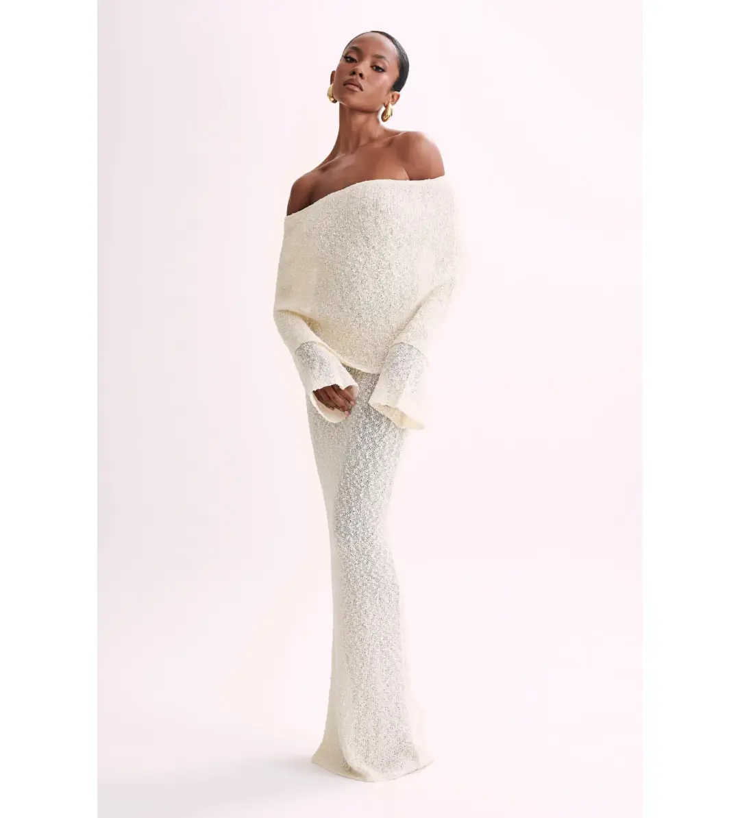 MESHKI Marisol Off Shoulder Boucle Maxi Dress Ivory Size M AU 10 for rent on The Volte - main image