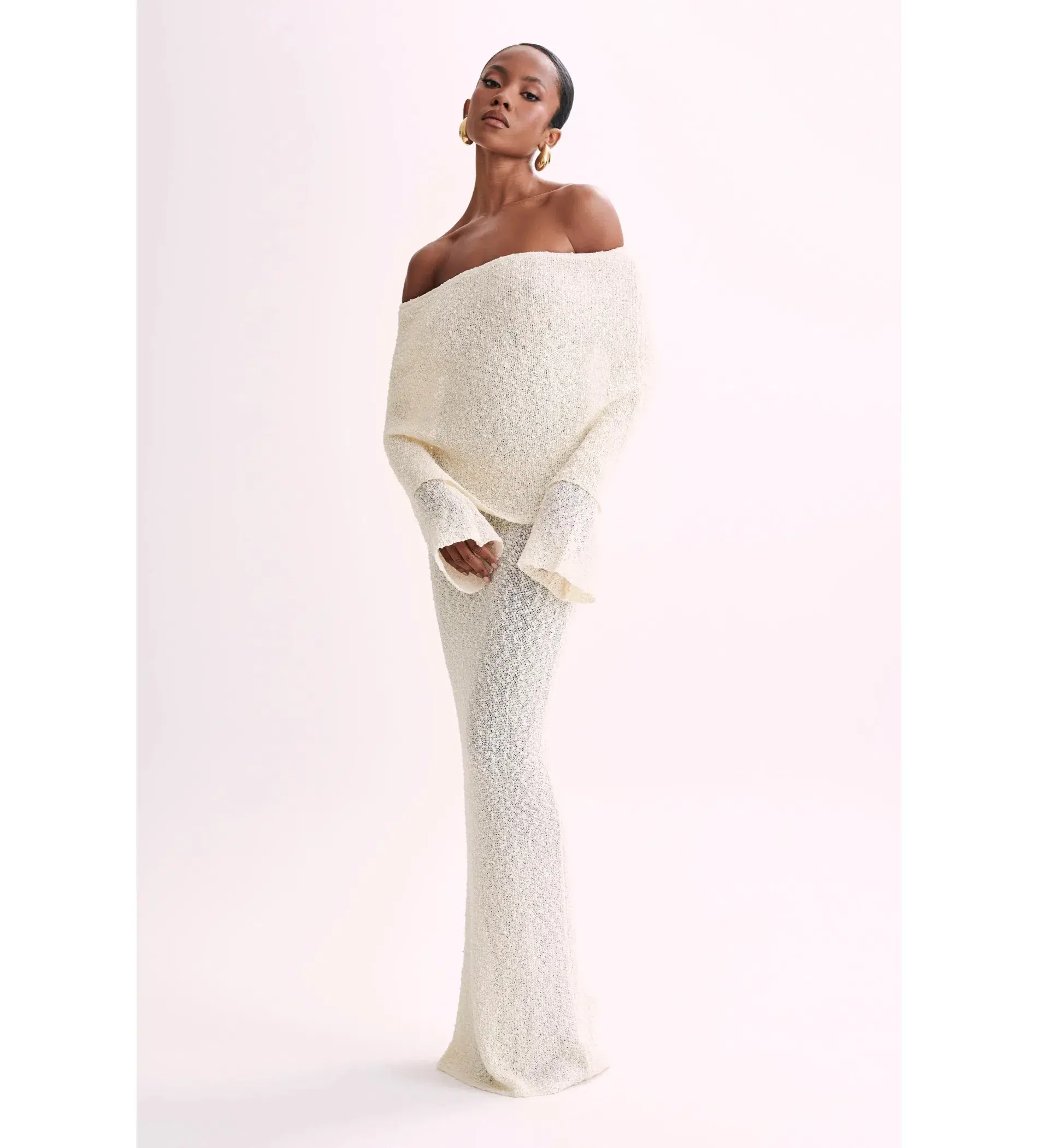 MESHKI Marisol Off Shoulder Boucle Maxi Dress Ivory Size M AU 10 - Image 3