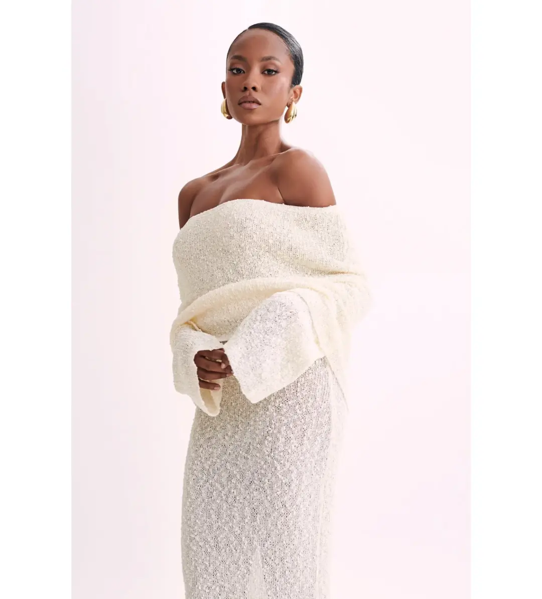 MESHKI Marisol Off Shoulder Boucle Maxi Dress Ivory Size M AU 10 for rent on The Volte - main image