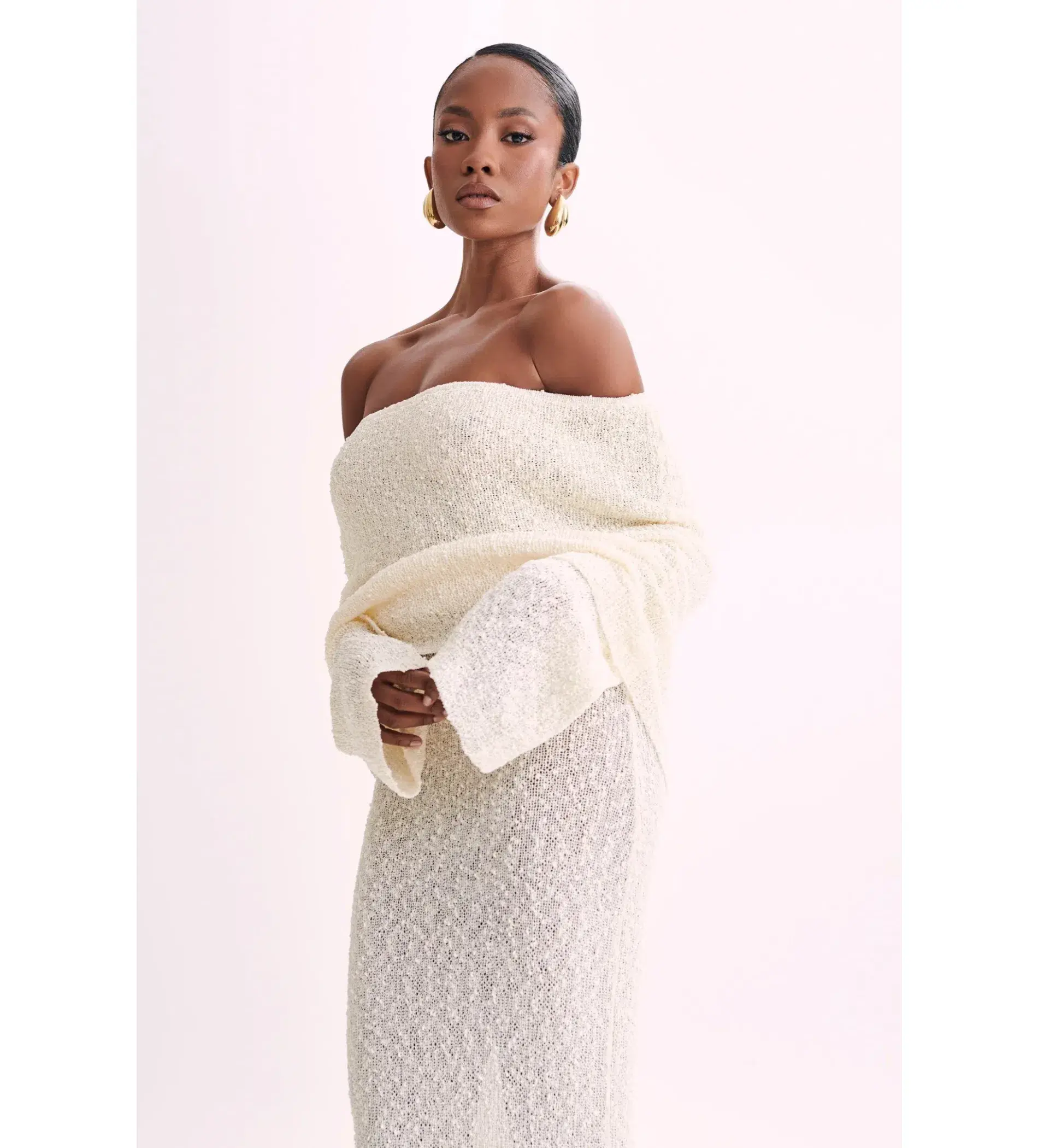 MESHKI Marisol Off Shoulder Boucle Maxi Dress Ivory Size M AU 10 - Image 5