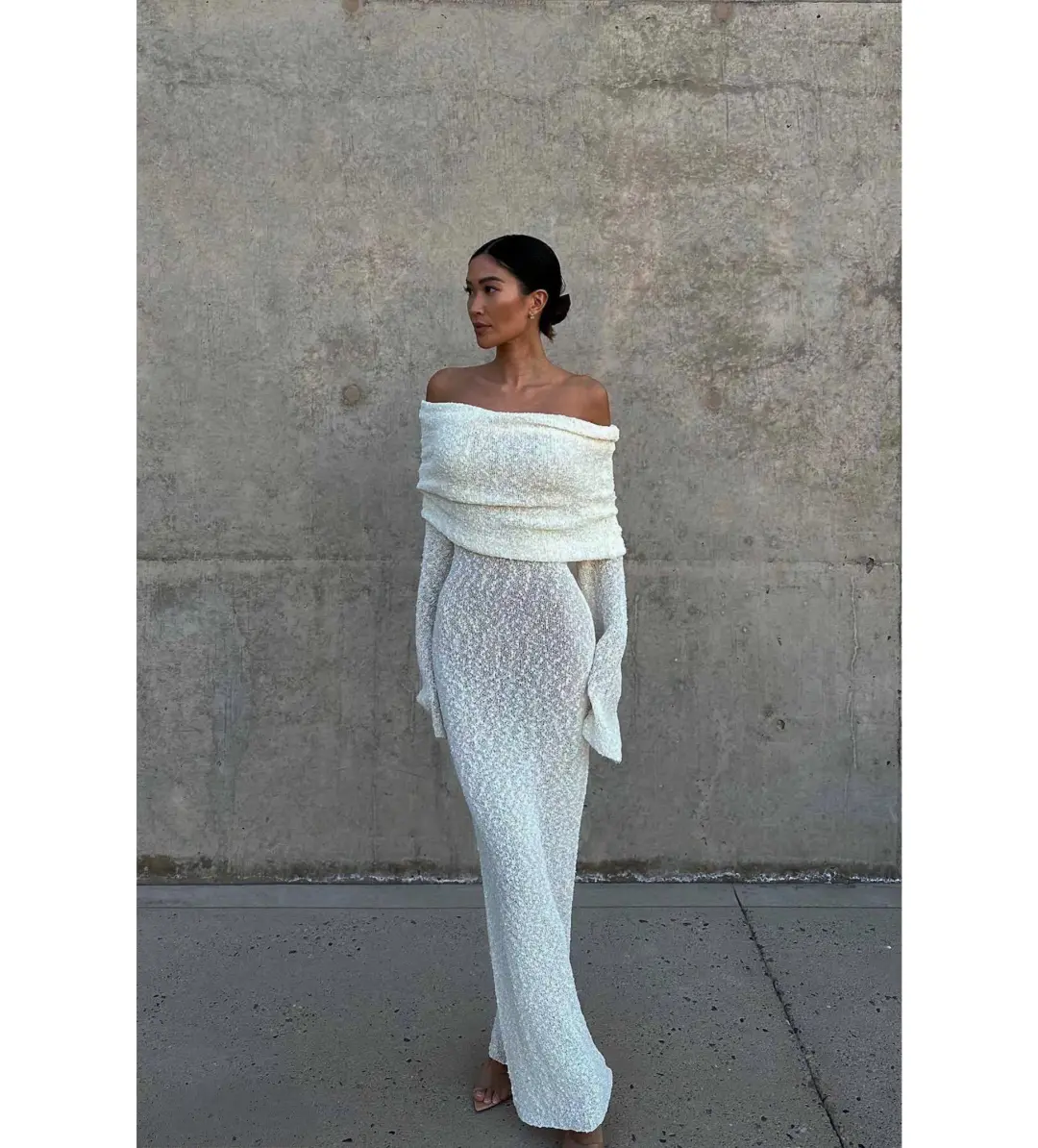 MESHKI Marisol Off Shoulder Boucle Maxi Dress Ivory Size M AU 10 for rent on The Volte - main image