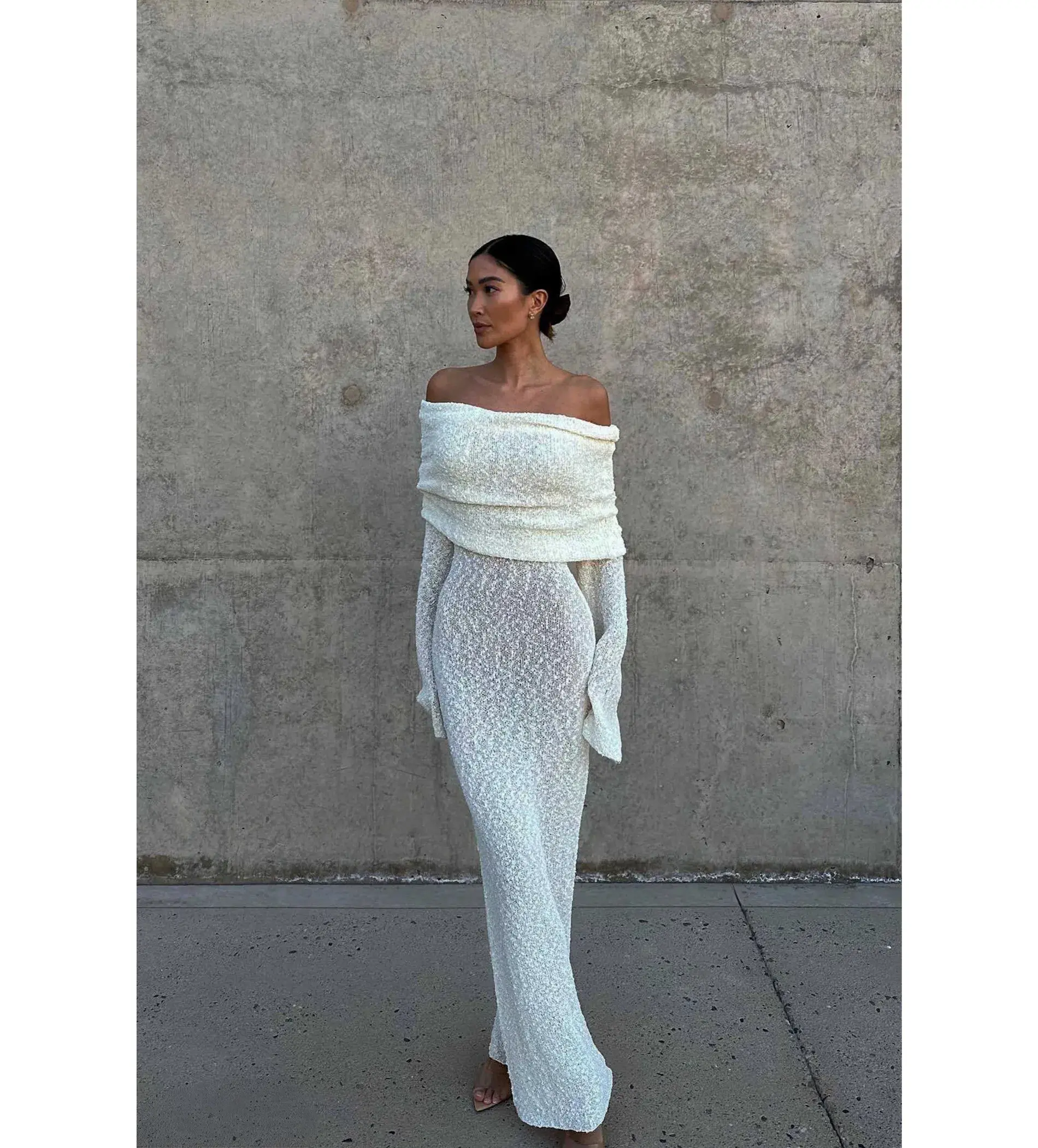 MESHKI Marisol Off Shoulder Boucle Maxi Dress Ivory Size M AU 10 - Image 1