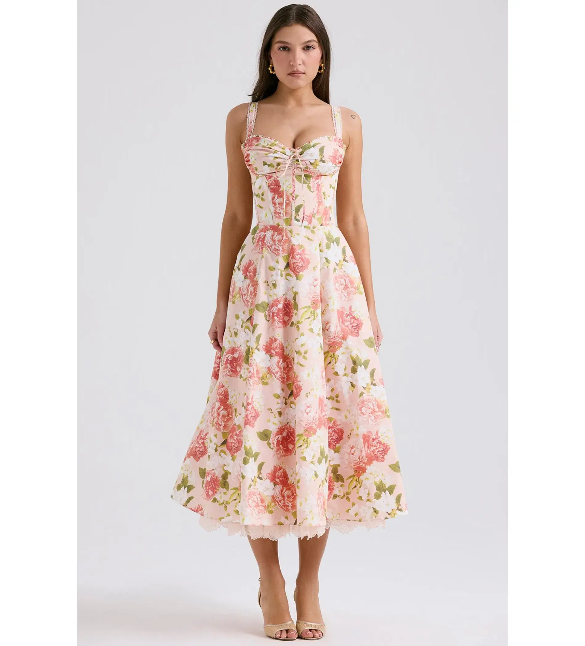 House of CB Rosalee Cotton Bustier Midi Sundress Pink Peony Print Size AU 8 - Image 1