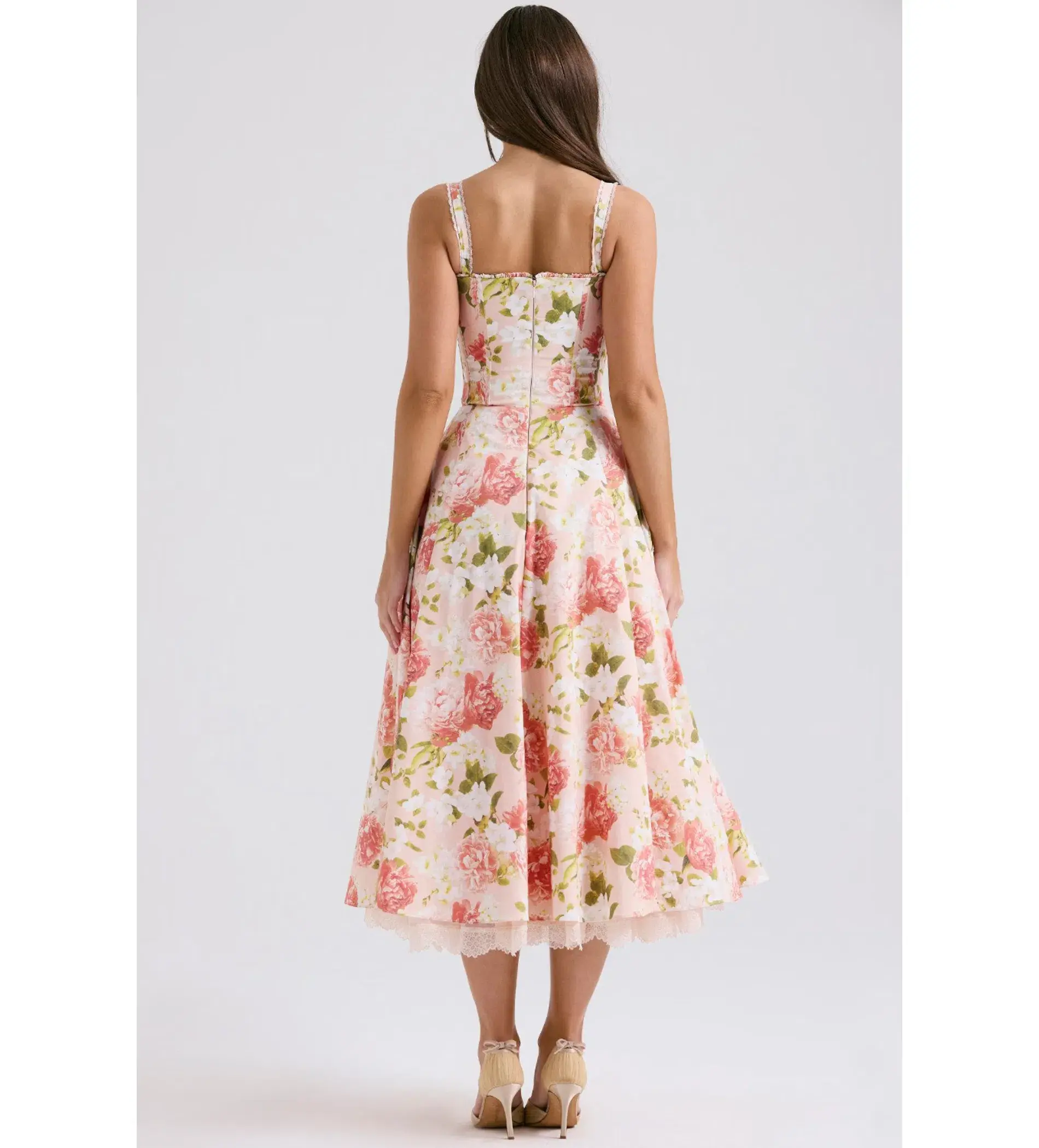 House of CB Rosalee Cotton Bustier Midi Sundress Pink Peony Print Size AU 8 - Image 4