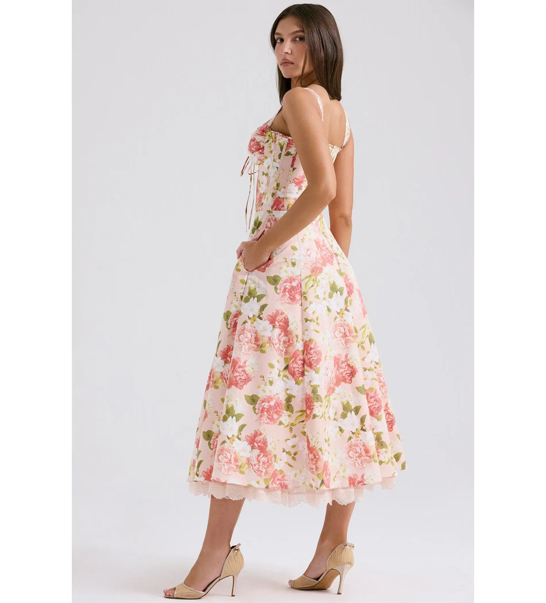 House of CB Rosalee Cotton Bustier Midi Sundress Pink Peony Print Size AU 8 - Image 3