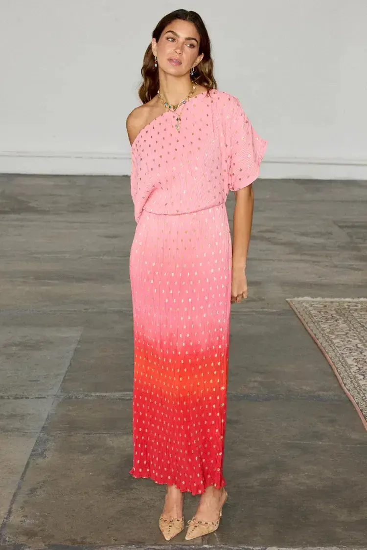 Never Fully Dressed Tilly Off Shoulder Plisse Maxi Dress in Sunset Ombre Size M / AU10 - Image 4