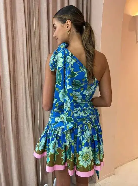 Alemais Winnie One Shoulder Mini Dress in Blue Floral Size AU8  - Image 6