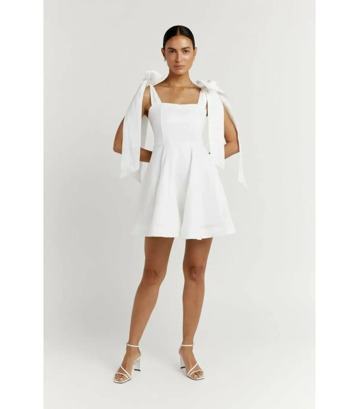 Dissh Aisle Linen Bow Tie Shoulder Mini Dress White Size AU 10  - Image 1