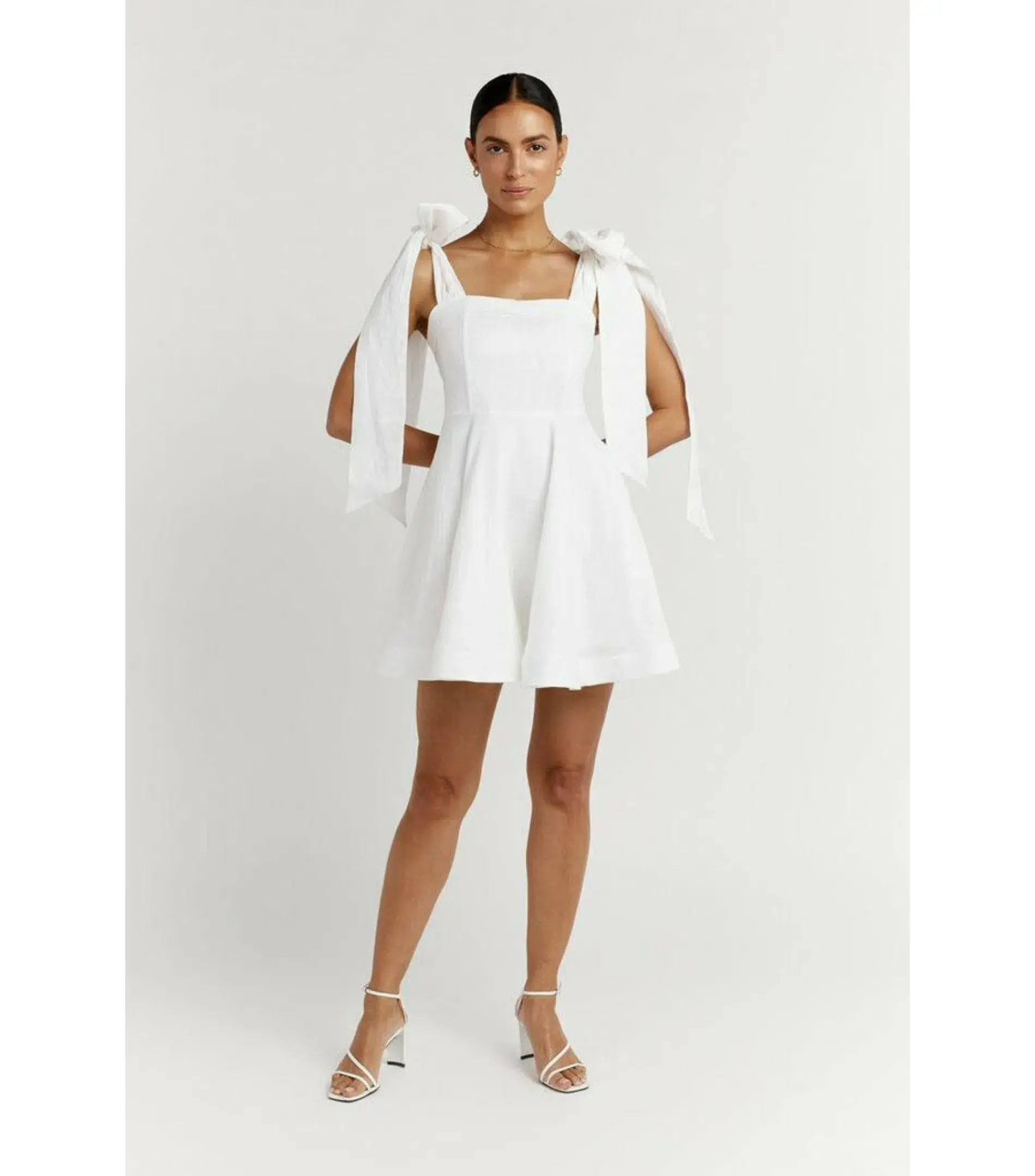 Dissh Aisle Linen Bow Tie Shoulder Mini Dress White Size AU 10  - Image 1