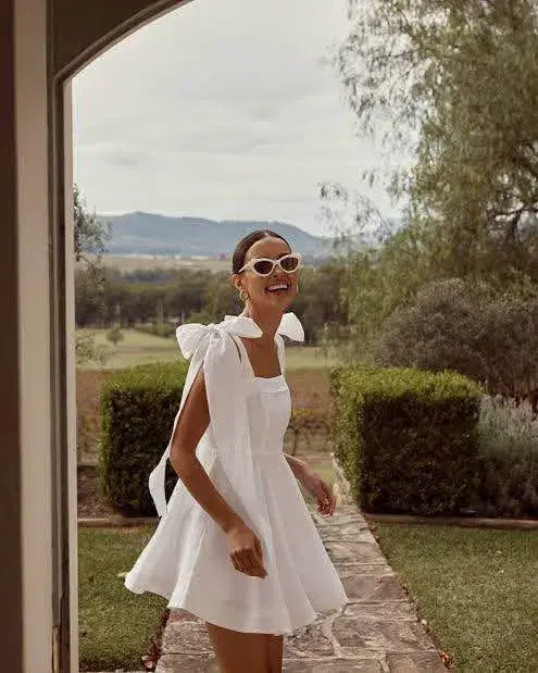 Dissh Aisle Linen Bow Tie Shoulder Mini Dress White Size AU 10  - Image 2