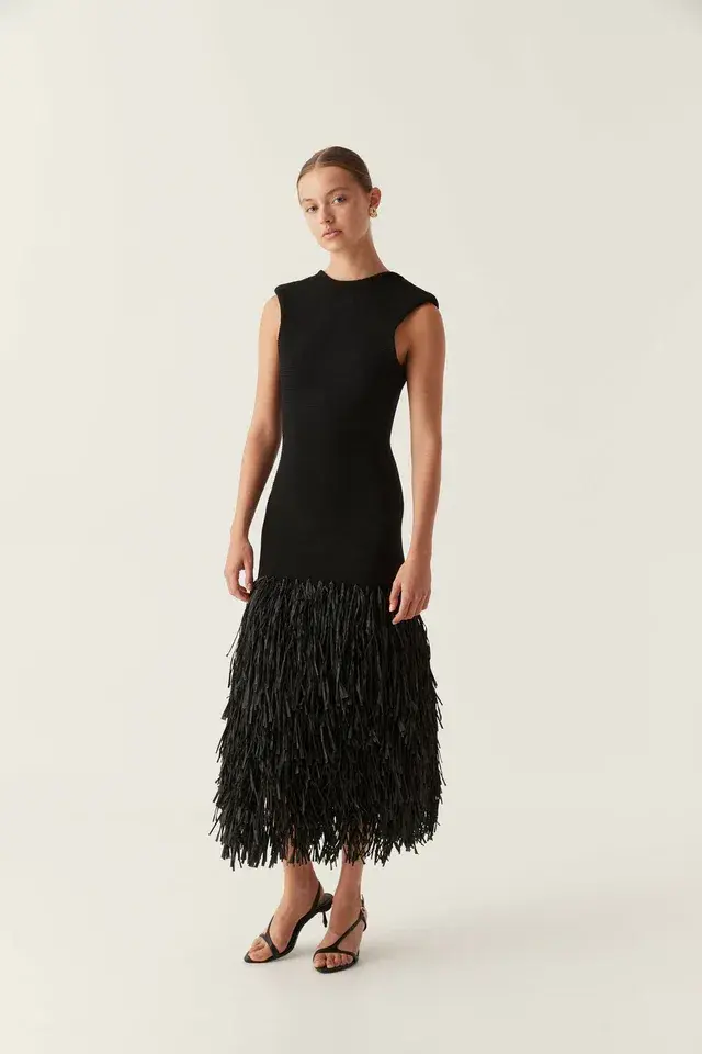 Aje RUSHES RAFFIA KNIT MIDI DRESS BLACK size 6 - Image 5