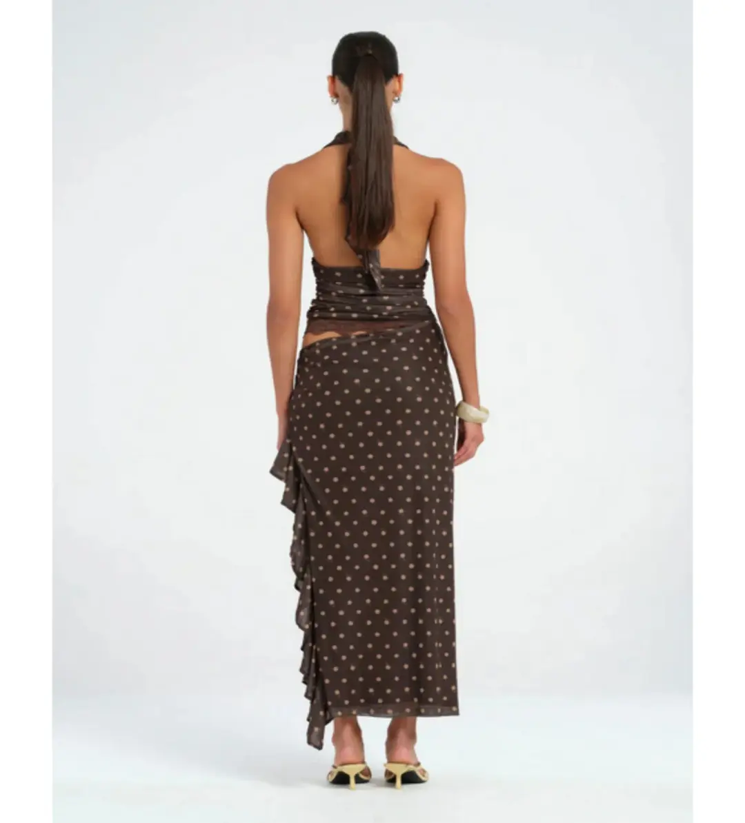 Benni Penelope Maxi Dress in Chocolate Polka Dot Size AU 6 for rent on The Volte - main image