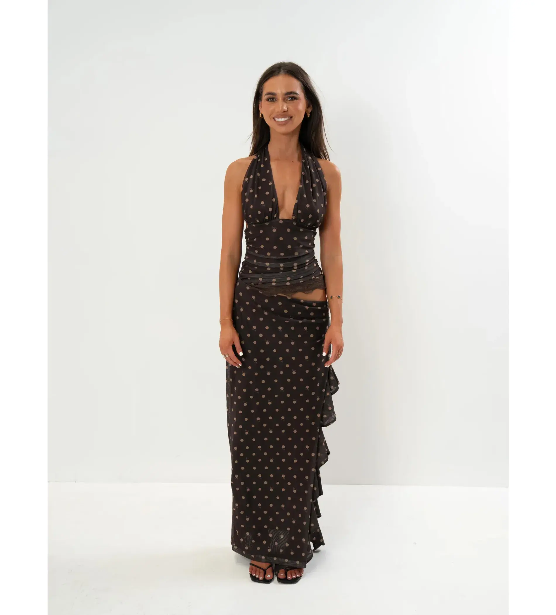 Benni Penelope Maxi Dress in Chocolate Polka Dot Size AU 6 - Image 3
