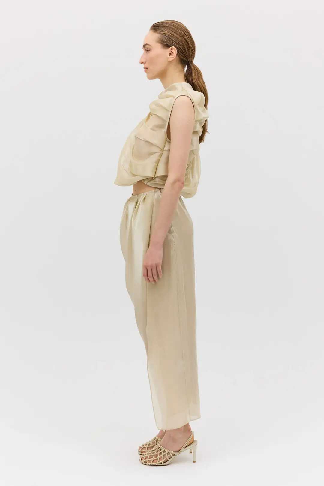 Bianca Spender Champagne Liquid Organza Tumble Top Gold Size 8/S for rent on The Volte - main image