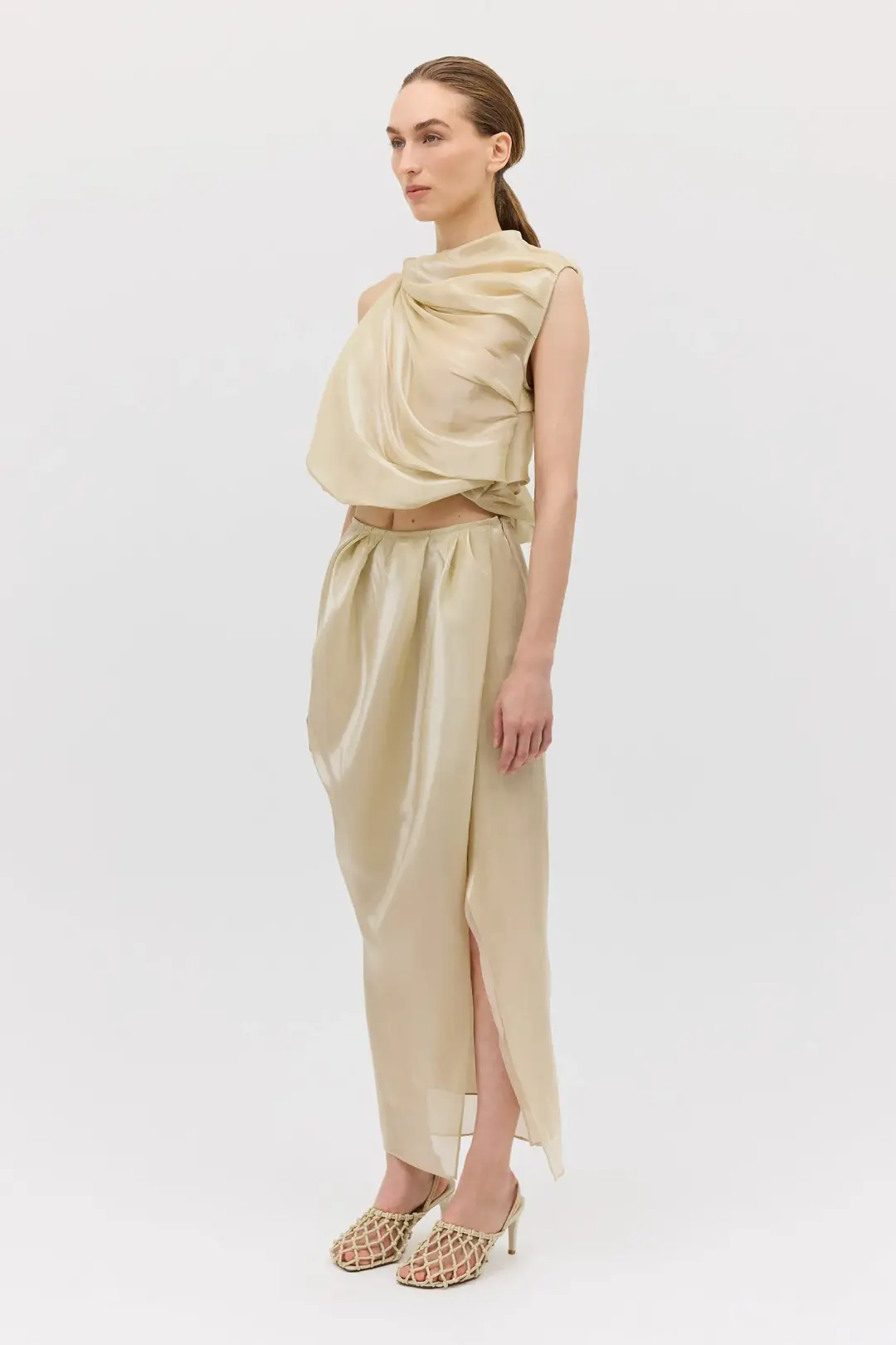 Bianca Spender Champagne Liquid Organza Tumble Top Gold Size 8/S for rent on The Volte - main image