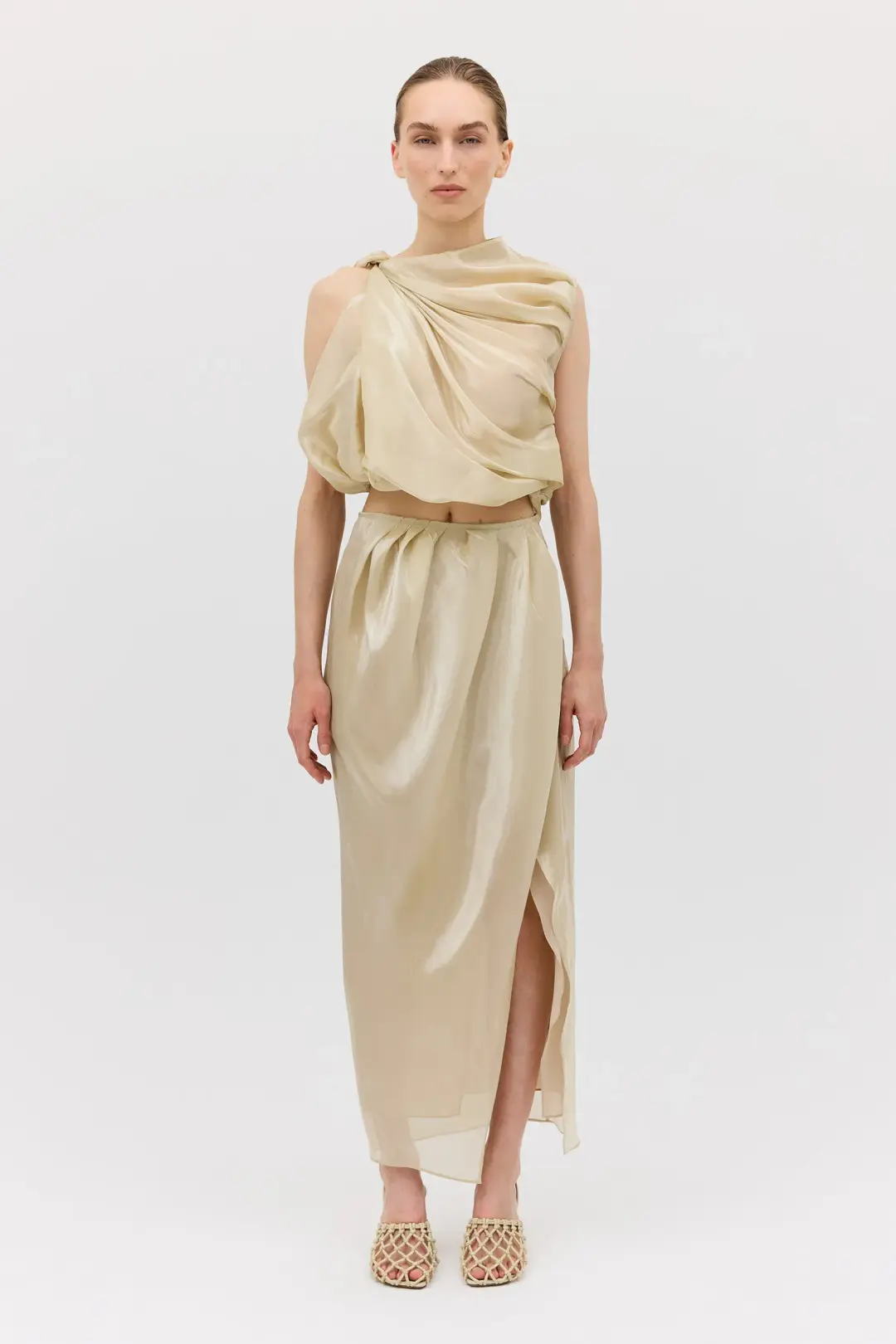 Bianca Spender Champagne Liquid Organza Tumble Top Gold Size 8/S for rent on The Volte - main image